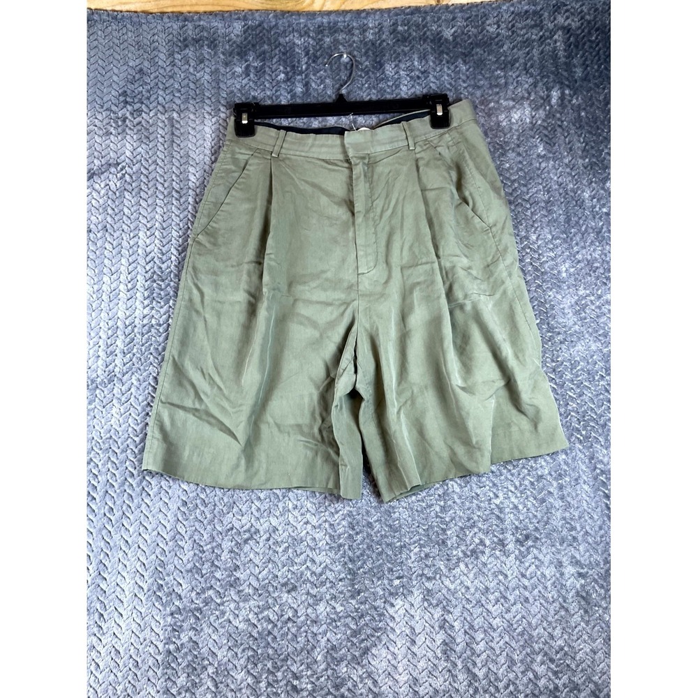 Zara Chino Shorts Womens Large Olive Green Pleated 8" Inseam Casual High Rise